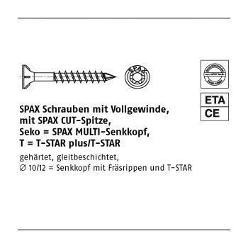 50 Stück Stahl ABC SPAX Senkkopf T gelb verzinkt Spaxschrauben mit Vollgewinde mit Spitze MULTI Senkkopf 8x400 T40 mm