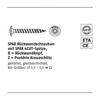 2000 Stück Stahl ABC SPAX R  Z galvanisch verzinkt Rückwandschrauben mit Spitze Rückwandkopf Pozidriv Kreuzschlitz 4x20/17 mm