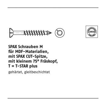 200 Stück Stahl SPAxMT galvanisch verzinkt SPAxSchrauben m Für MDF Materialien mit Spitze mit kleineM75° Fräskopf 35x40/28 T15   mm