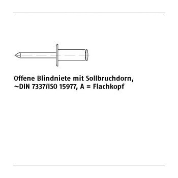 500 Stück Niet Al Leg. A Dorn Stahl verz. Offene Blindniete mit Sollbruchdorn DIN 7337/ISO 15977 Flachkopf 3x12 mm