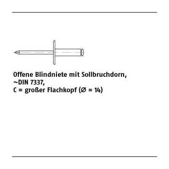 250 Stück Niet Al Leg. C K 14 Dorn Stahl verz. Offene Blindniete mit Sollbruchdorn DIN 7337 großer Flachkopf (Ø = 14) 5x10 mm
