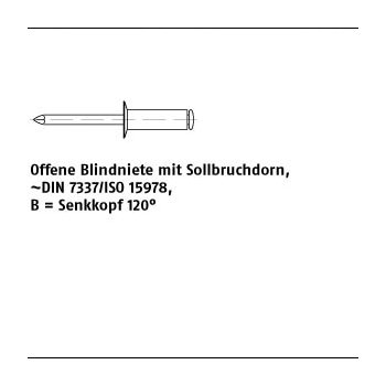 500 Stück Niet Al Leg. B Dorn Stahl verz. Offene Blindniete mit Sollbruchdorn DIN 7337/ISO 15978 Senkkopf 120° 3x4 mm