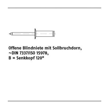 500 Stück Niet Al Leg. B Dorn Stahl verz. Offene Blindniete mit Sollbruchdorn DIN 7337/ISO 15978 Senkkopf 120° 3x6 mm