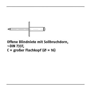 250 Stück Niet St. verz. C K 16 Dorn Stahl verz. Offene Blindniete mit Sollbruchdorn DIN 7337 großer Flachkopf (Ø = 16) 48x103 mm