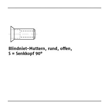 500 Stück Al Leg. S Blindniet Muttern rund offen Senkkopf 90° M4 /15 35 mm