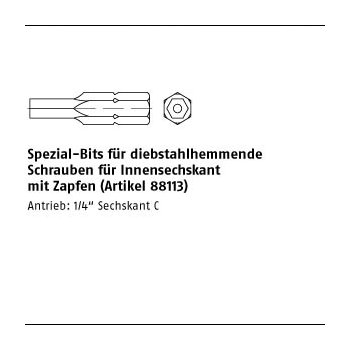 1 Stück Stahl Pin Insechs gehärtet Spezial Bits für diebstahlhemmende Schrauben für Innensechskant mit Zapfen SW2 /M3+M35 mm