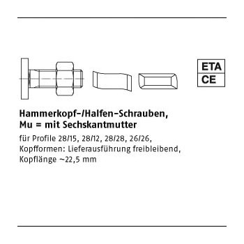 100 Stück Mu 4.6 HS 28/15 galvanisch verzinkt Hammerkopf /Halfen Schraubenmit Sechskantmutter M6x15 mm