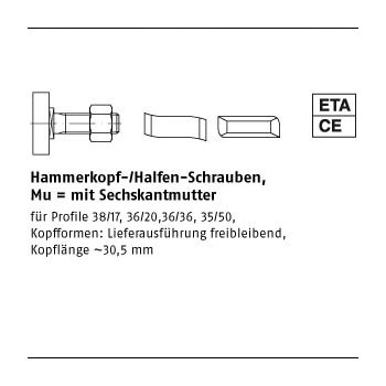 50 Stück Mu 4.6 HS 38/17 galvanisch verzinkt Hammerkopf /Halfen Schrauben mit Sechskantmutter M16x60 mm