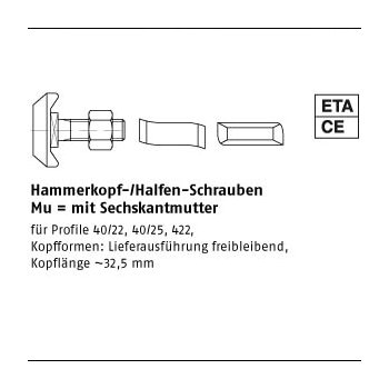 100 Stück Mu 4.6 HS 40/22 galvanisch verzinkt Hammerkopf /Halfen Schrauben mit Sechskantmutter M10x20 mm