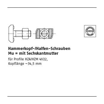 100 Stück Mu 8.8 HZS 41/22 feuerverzinkt Hammerkopf /Halfen Schrauben mit Sechskantmutter M12x50 mm