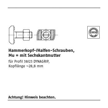25 Stück Mu 8.8 HZS 38/23 feuerverzinkt Hammerkopf /Halfen Schrauben mit Sechskantmutter M16x60 mm