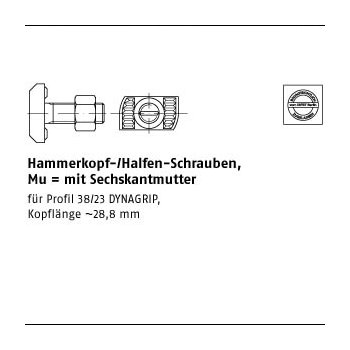 25 Stück Mu A4 HZS 38/23 Hammerkopf /Halfen Schrauben mit Sechskantmutter M16x60 mm