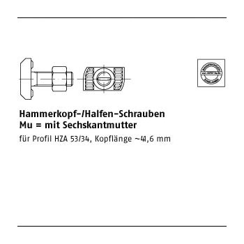 25 Stück Mu A4  70 HZS 53/34 Hammerkopf /Halfen Schrauben mit Sechskantmutter M16x60 mm