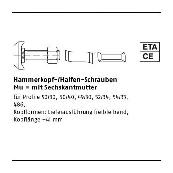 50 Stück Mu 4.6 HS 50/30 galvanisch verzinkt Hammerkopf /Halfen Schrauben mit Sechskantmutter M12x40 mm