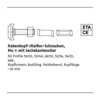 25 Stück Mu A4 HS 50/30 Hakenkopf /Halfen Schrauben mit Sechskantmutter M12x50 mm