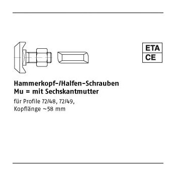 20 Stück Mu 4.6 HS 72/48 feuerverzinkt Hammerkopf /Halfen Schrauben mit Sechskantmutter M20x75 mm